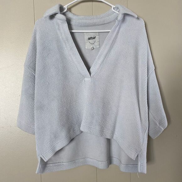 aerie Tops - Aerie Waffle Knit Oversized Top Small • Light Gray Collared Split Neck • Cozy Lo